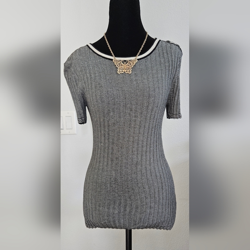 St John Knit Navy & White Ribbed Short Sleeve Top Petite No Size Tag